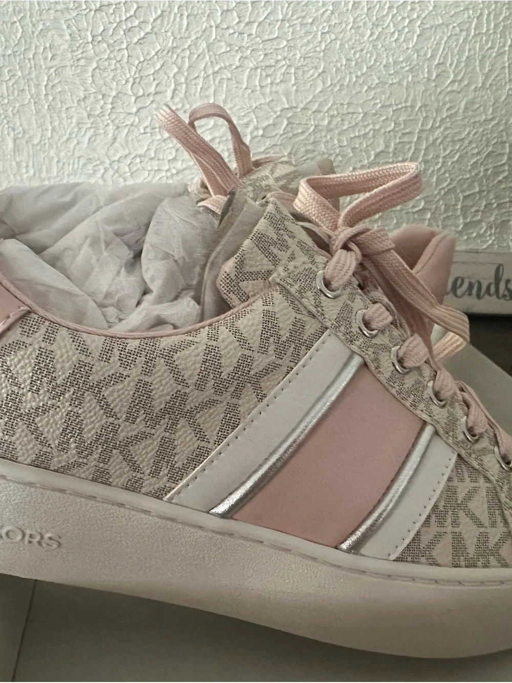 Michael Kors Pink & Beige MK Monogram Platform Sneakers Poppy Stripe Lace up